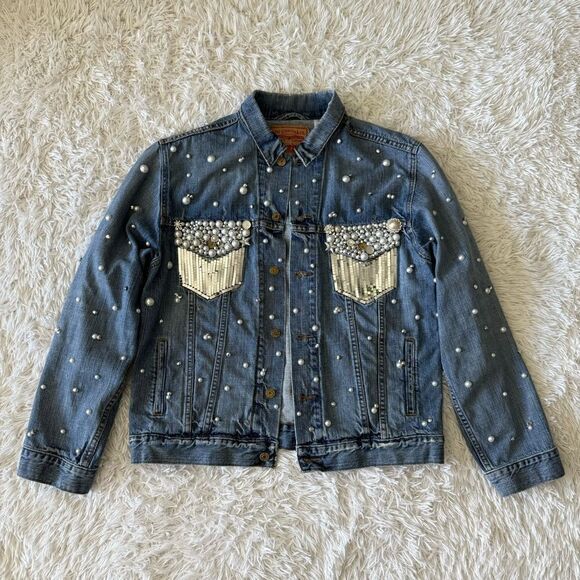 Levi’s Custom Rhinestone Cowgirl Bachelorette Disco Fringe Jean Jacket Size L - Picture 9 of 11